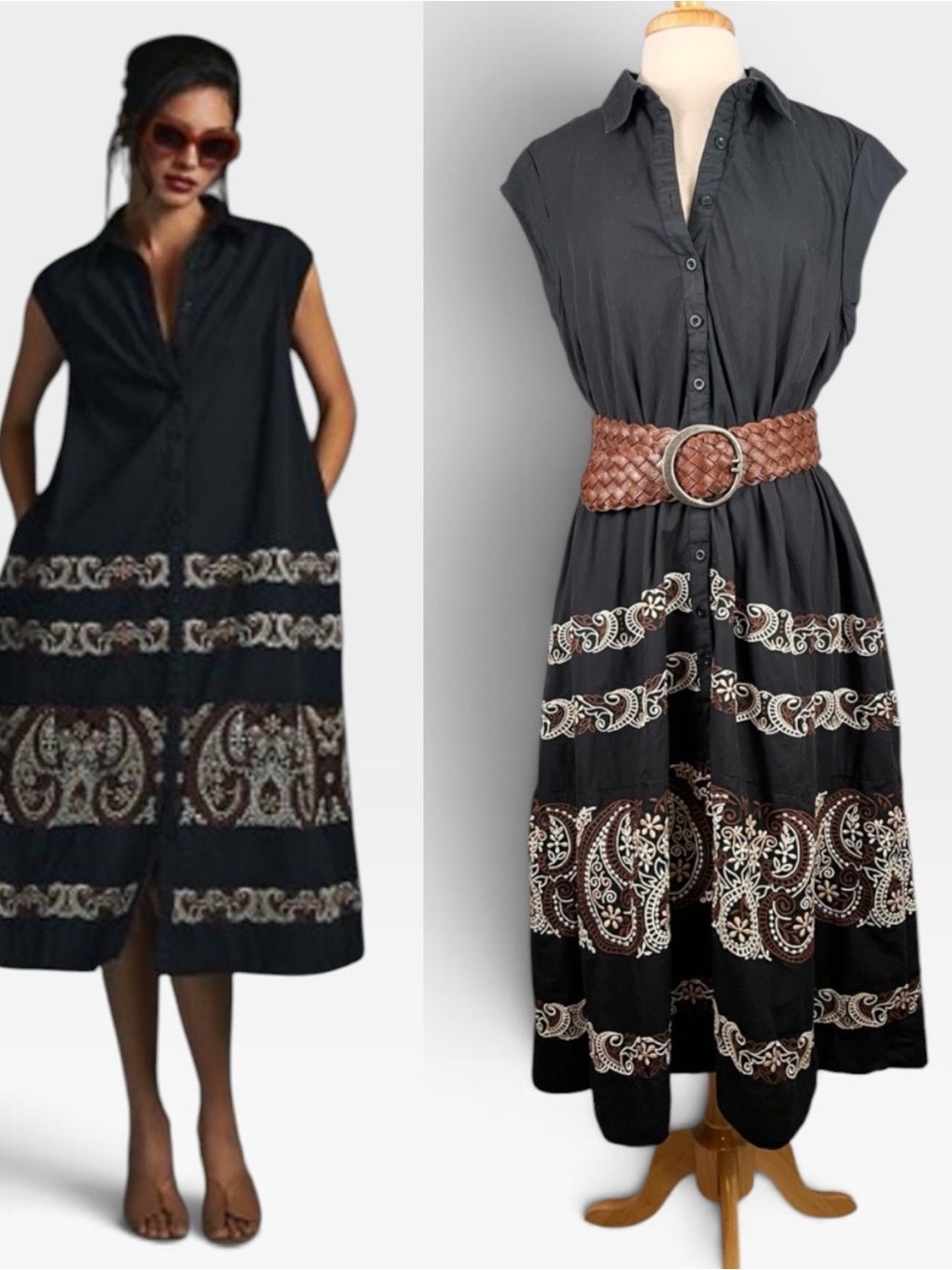 By Anthropologie Cap Sleeve Shirt Dress XL Embroidered Black Brown A-Line Full